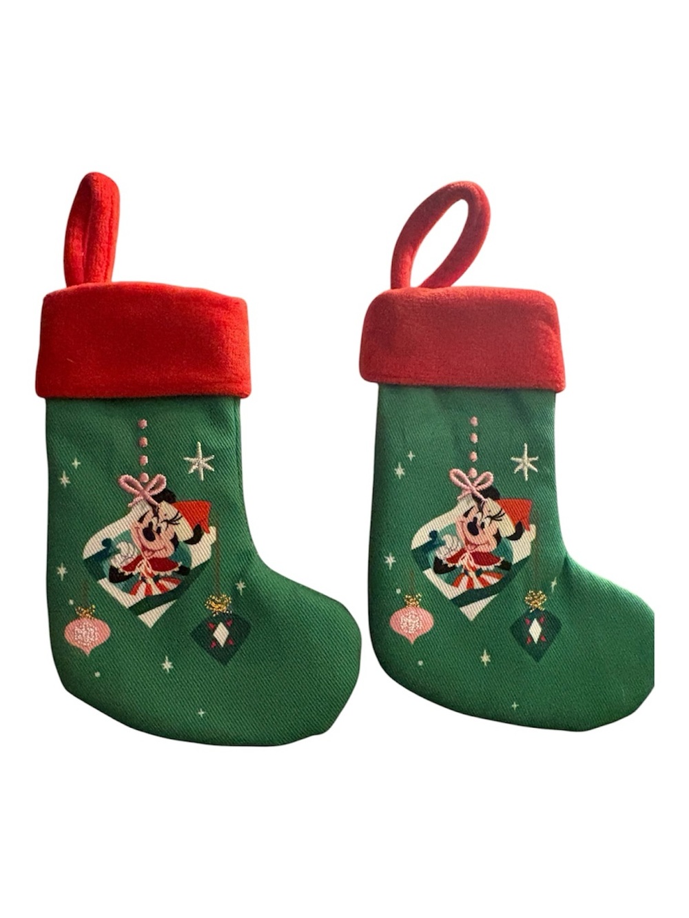 Two Disney Minnie Mouse Holiday Green and Red Plush Mini Stocking Set